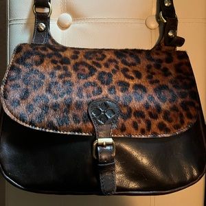 Patricia Nash Leather London Saddle Rust Leopard Print Crossbody Bag Exotic Cat